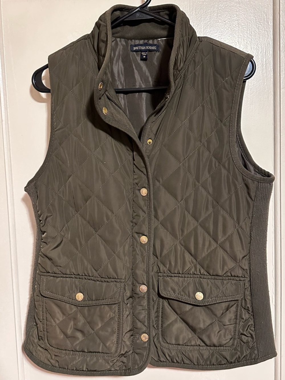 British Khaki Quilted Olive Vest with Snap Front